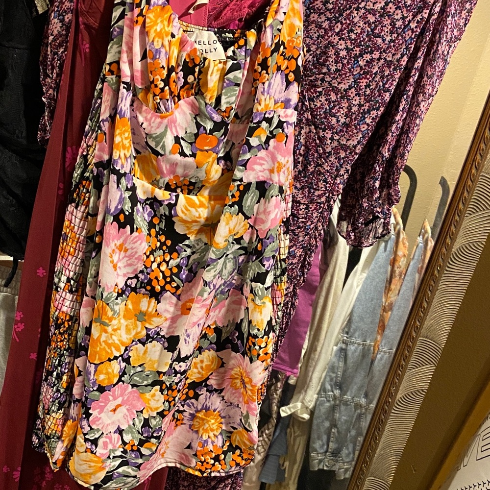 Hello Molly Black Floral Cowl Neck Dress with Pink & Yellow Blooms